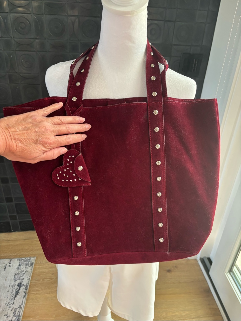 Wine color tote with silver studs, screams fall